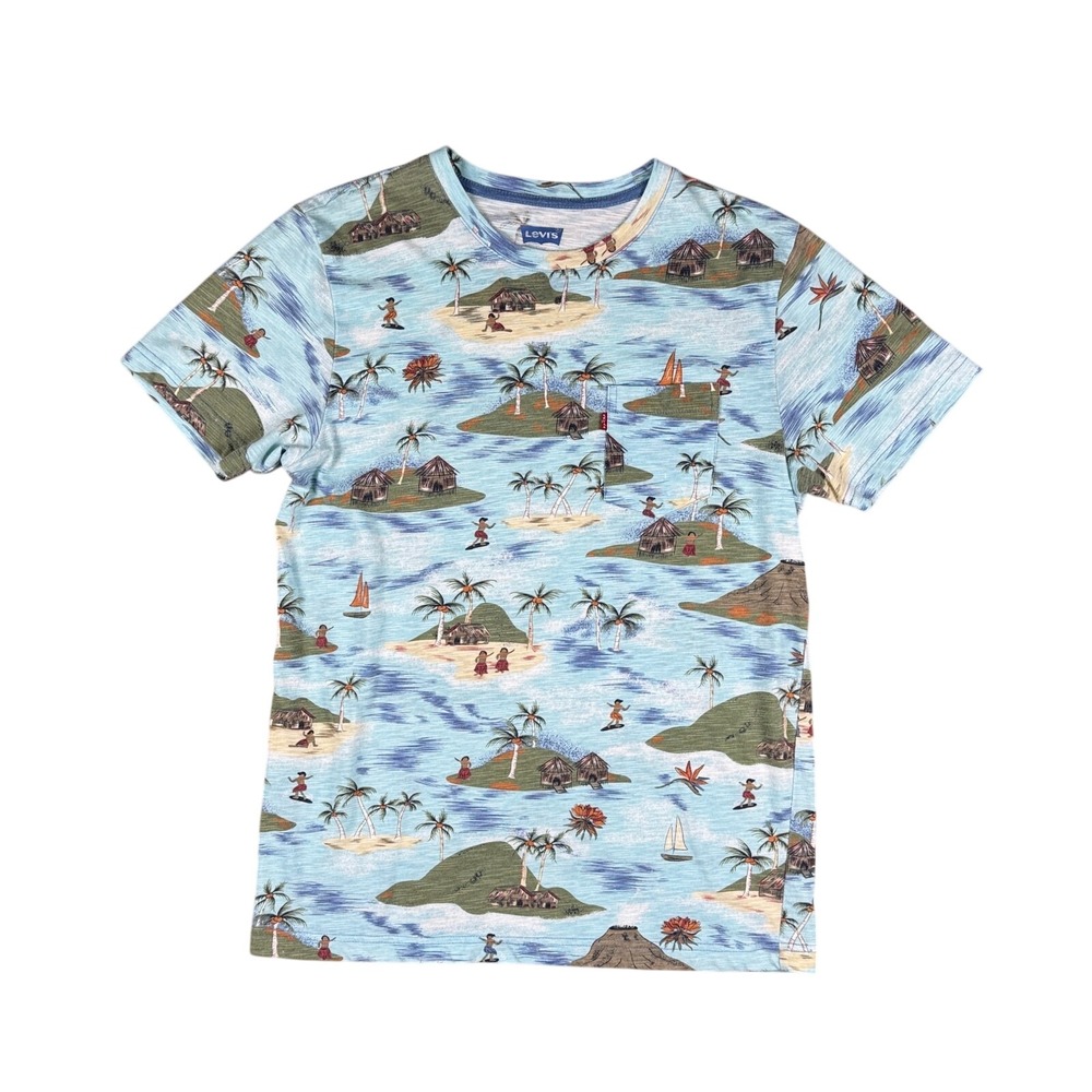 Levi's Hawaiian Pocket T-Shirt Men's Medium Blue Island Print Surfer Aloha‎ Top